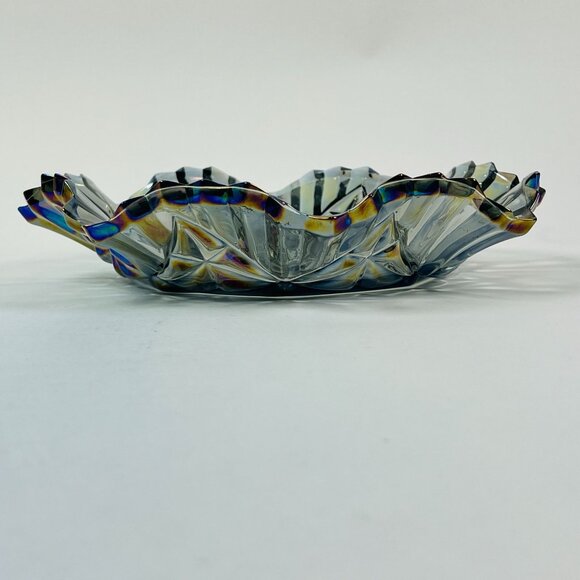 Vintage Carnival Glass Fruit Bowl Iridescent Clear Gray Scalloped Diamond Rim - Picture 3 of 10